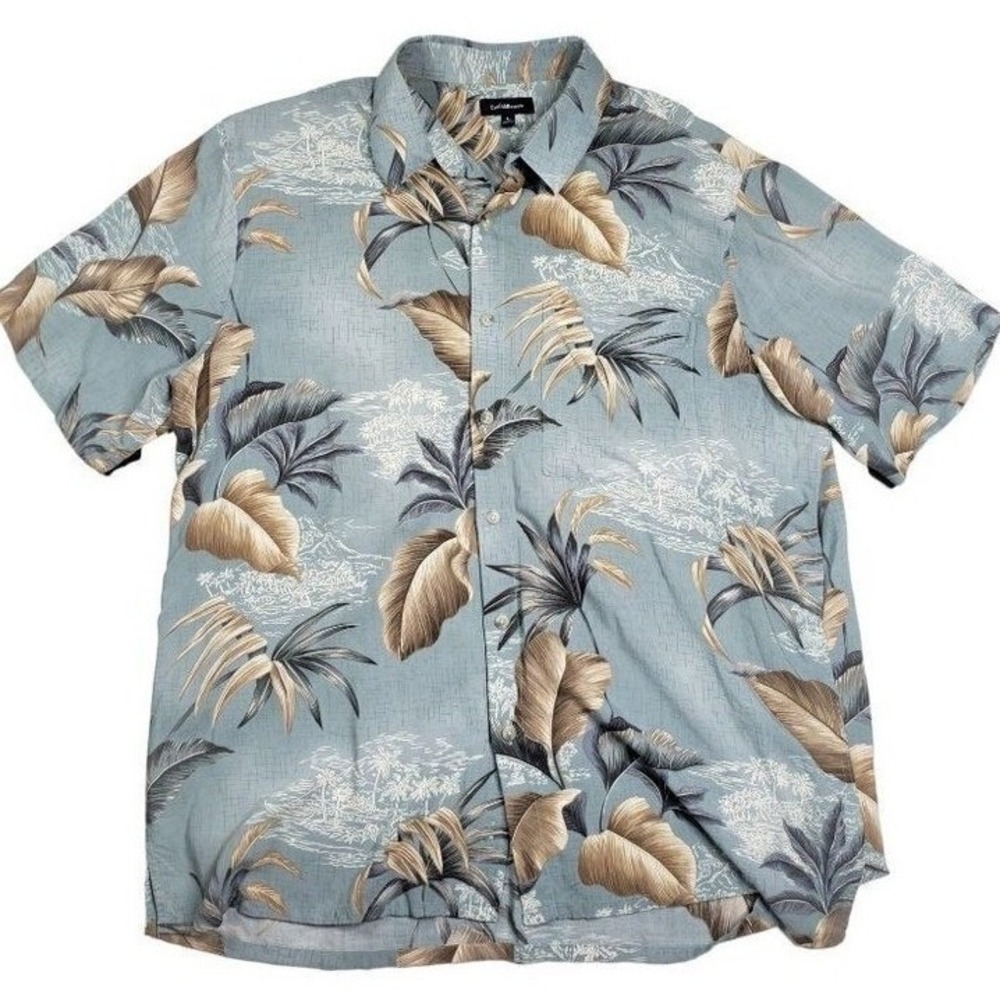 Croft & Barrow Mens Large Blue Tropical Palm Leaf Print Short Sleeve Button Down